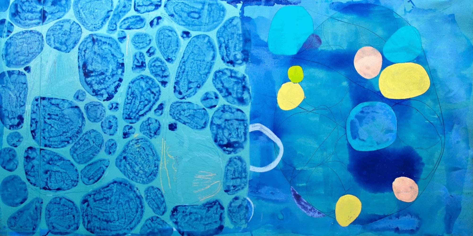 Stepping Stones Perhaps 16-009, Acrylic and latex on unstretched canvas, 81 1/2 x 153 1/2"