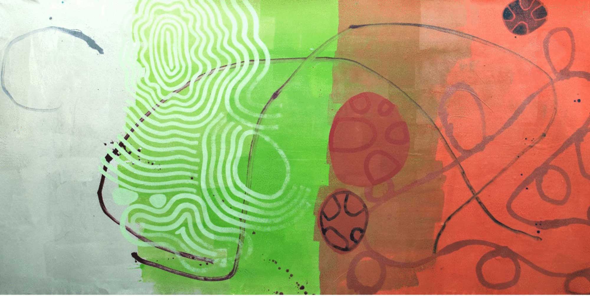 Stepping Stones Perhaps 16 015, Acrylic and latex on unstretched canvas, 81 1/2 x 153 1/2"