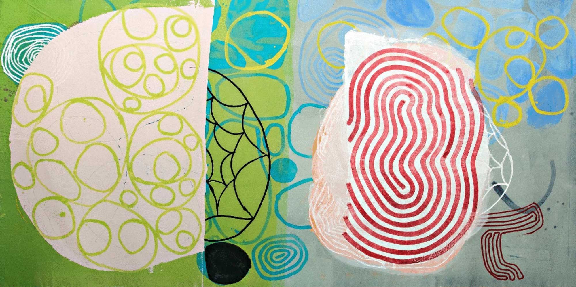 Stepping Stones Perhaps 16 016, acrylic and latex on unstretched canvas, 81 1/2 x 153 1/2"