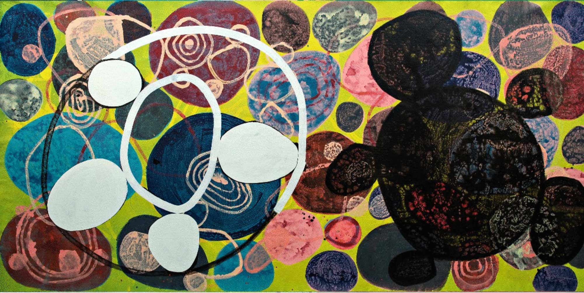 Stepping Stones Perhaps 16 021, Acrylic and latex on unstretched canvas, 81 1/2 x 153 1/2"