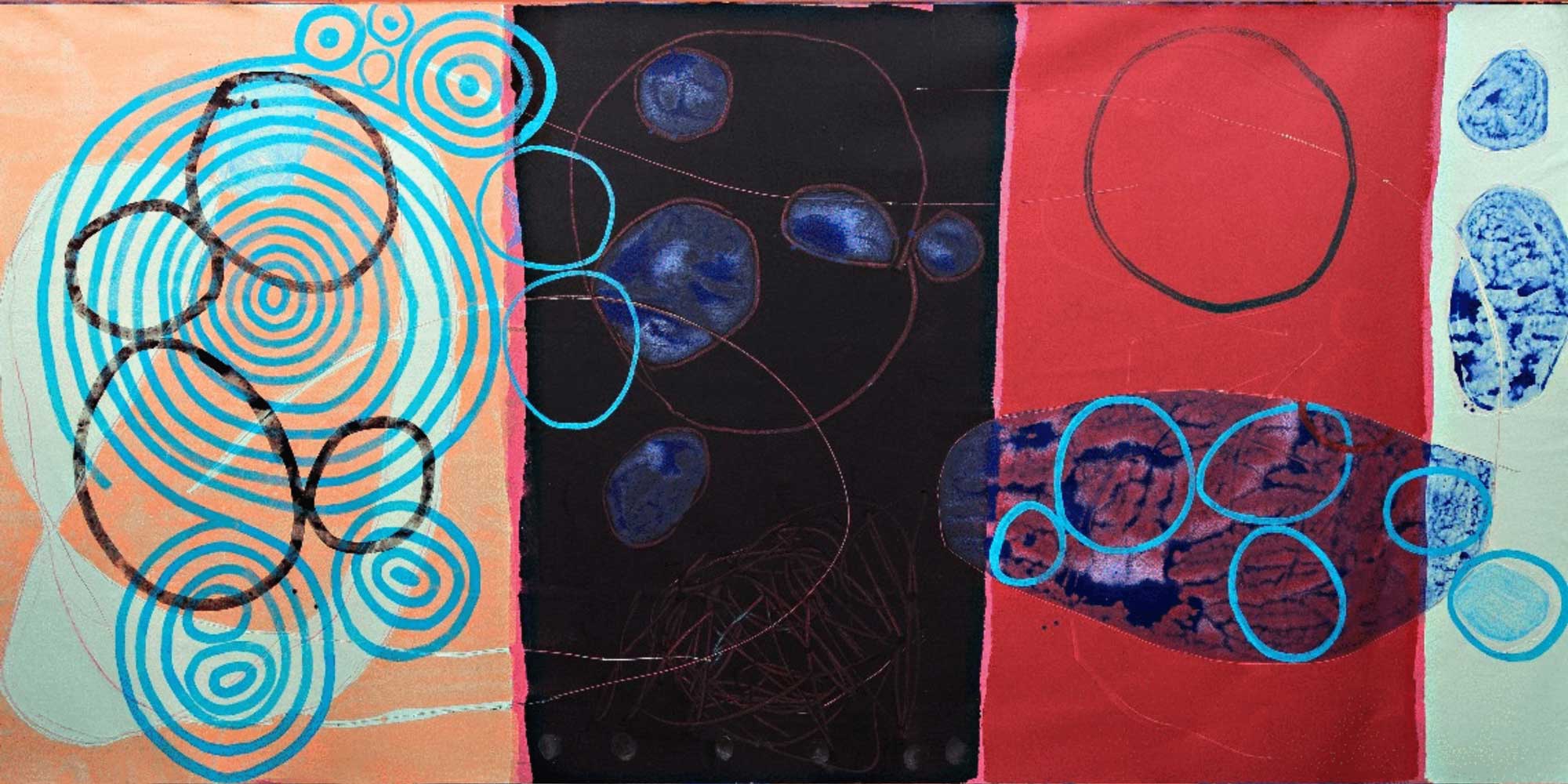 Stepping Stones Perhaps 16 066, Acrylic and latex on unstretched canvas, 81 1/2 x 153 1/2"