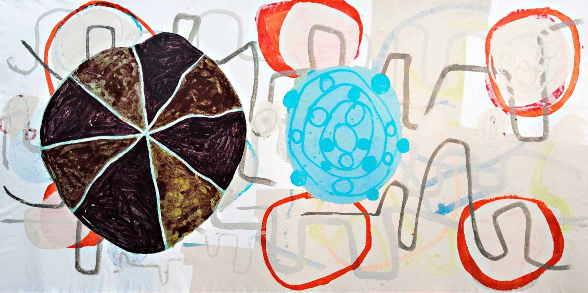 Stepping Stones Perhaps 16 074, Acrylic and latex on unstretched canvas, 81 1/2 x 153 1/2"